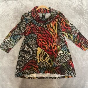 Pure Essence Colorful Abstract Cowl Neck Tunic Knit Sweater Top Urbanology